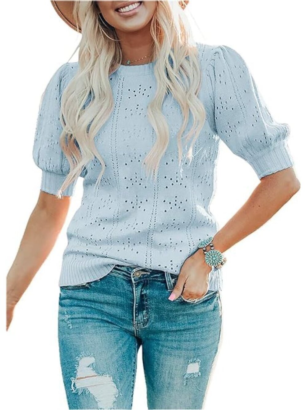 Womens Puff Short Sleeve Sweater Lightweight Knit Blouse Crew Neck Pullover Top